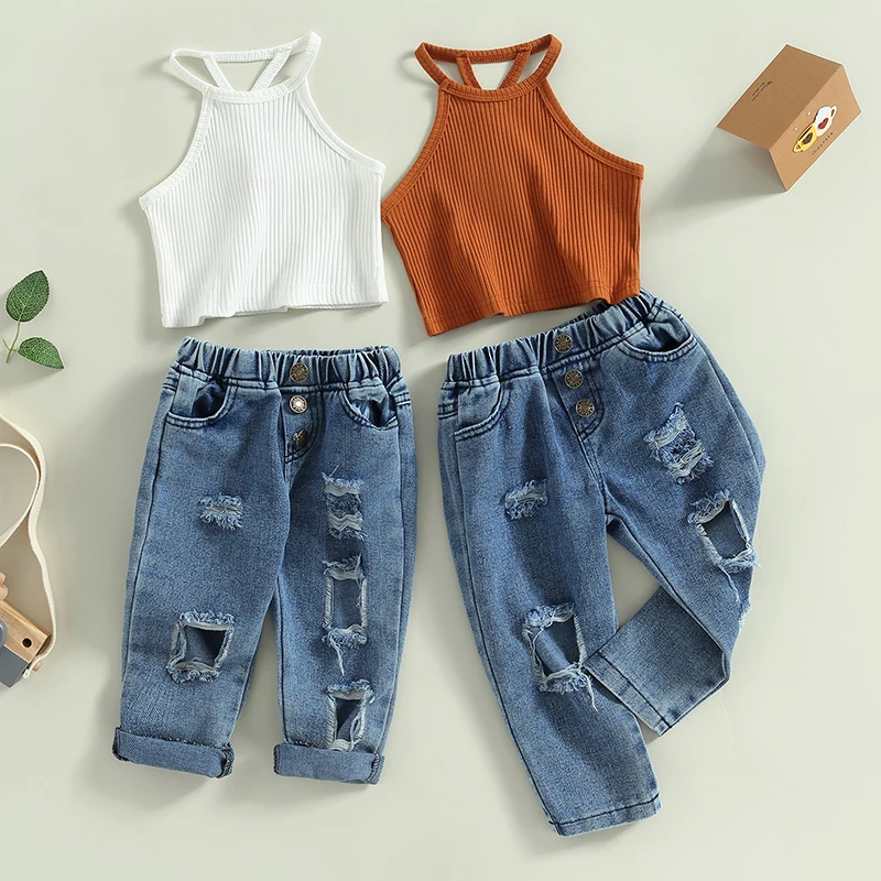 Kids Girls Pants Set Sleeveless Camisole with Elastic Waist Ripped Jeans Summer Outfit