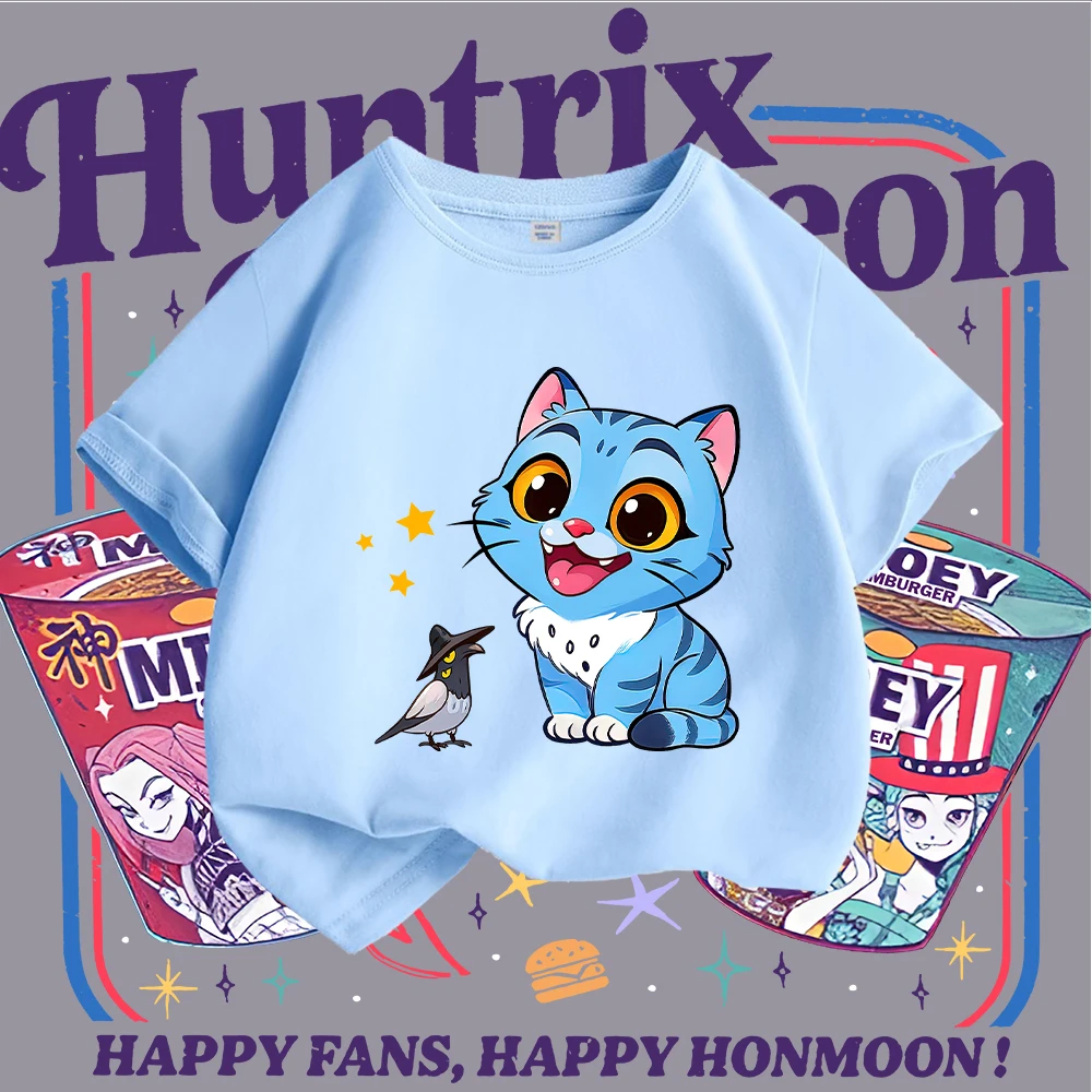 تي شيرت للأطفال على طراز KPOP مستوحى من Y2K مع رسومات قطة زرقاء لطيفة وطيور، تي شيرت عصري مطبوع عليه حيوانات كرتونية للأطفال، فريد من نوعه