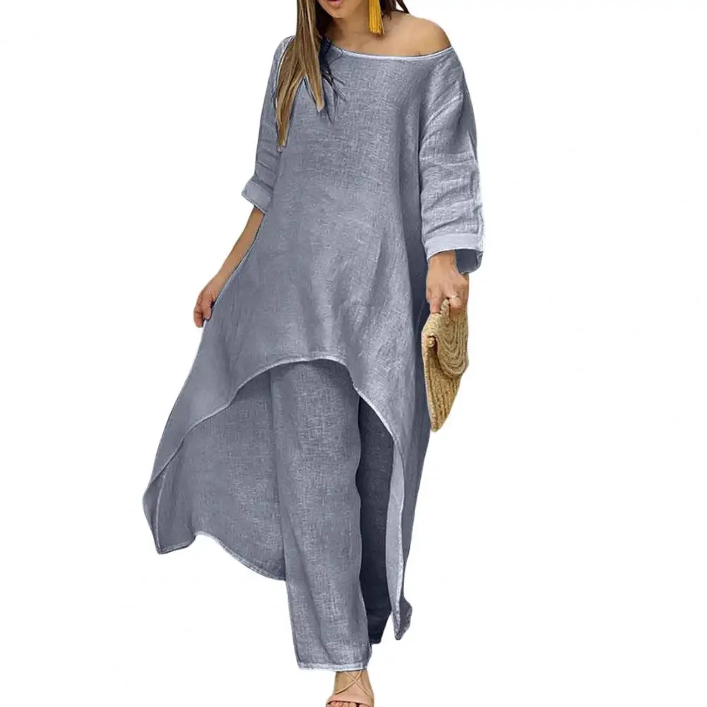 Autumn Two Piece Set Women Cotton Linen Wide Leg Pants Set Vintage Boho Shirt Dress Casual Loose Work Streetwear 2023 Suit