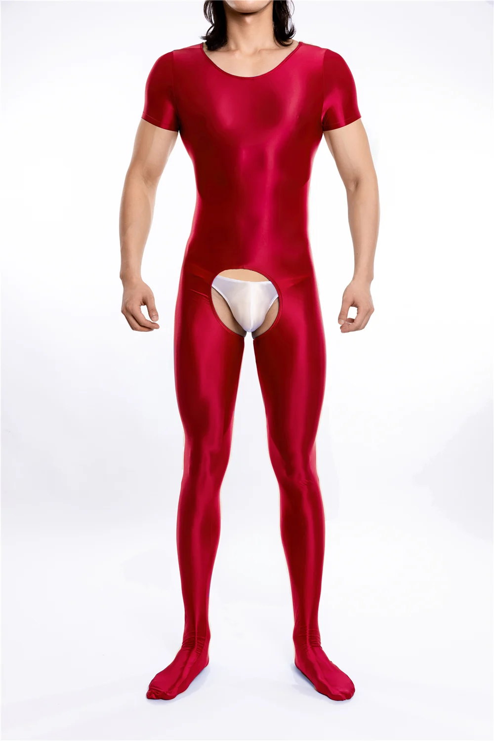 XL للجنسين لامعة الجسم الجورب قصيرة الأكمام Catsuit مرونة مفتوحة المنشعب ارتداءها الجوارب مثير يوتار الملتصقة بذلة Untiard