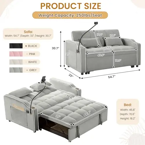 Sleeper Sofa Couch Bed with Phone Holder, Modern 3-in-1 Convertible Velvet Pull Out Loveseat Futon Sofa with USB & Type C