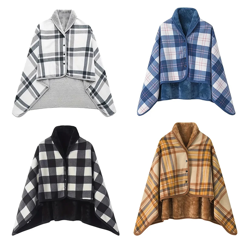 Winte Warm Throws On Sofa Bed Travel Thicken Bedroom Office Air Conditioning Blanket Wearable Plaid Fleece Blanket With Button