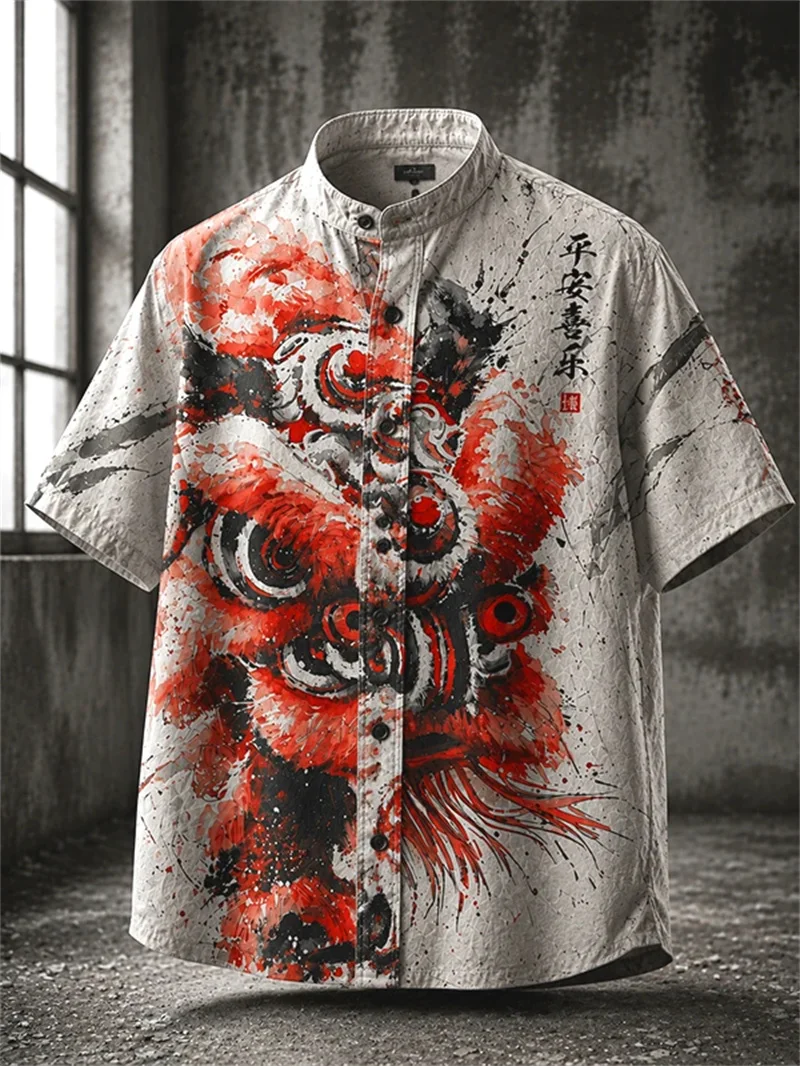 New Blue Bamboo Landscape Ink Printed Short Sleeve Shirt Gradient Men's Casual Versatile Short Sleeve Top