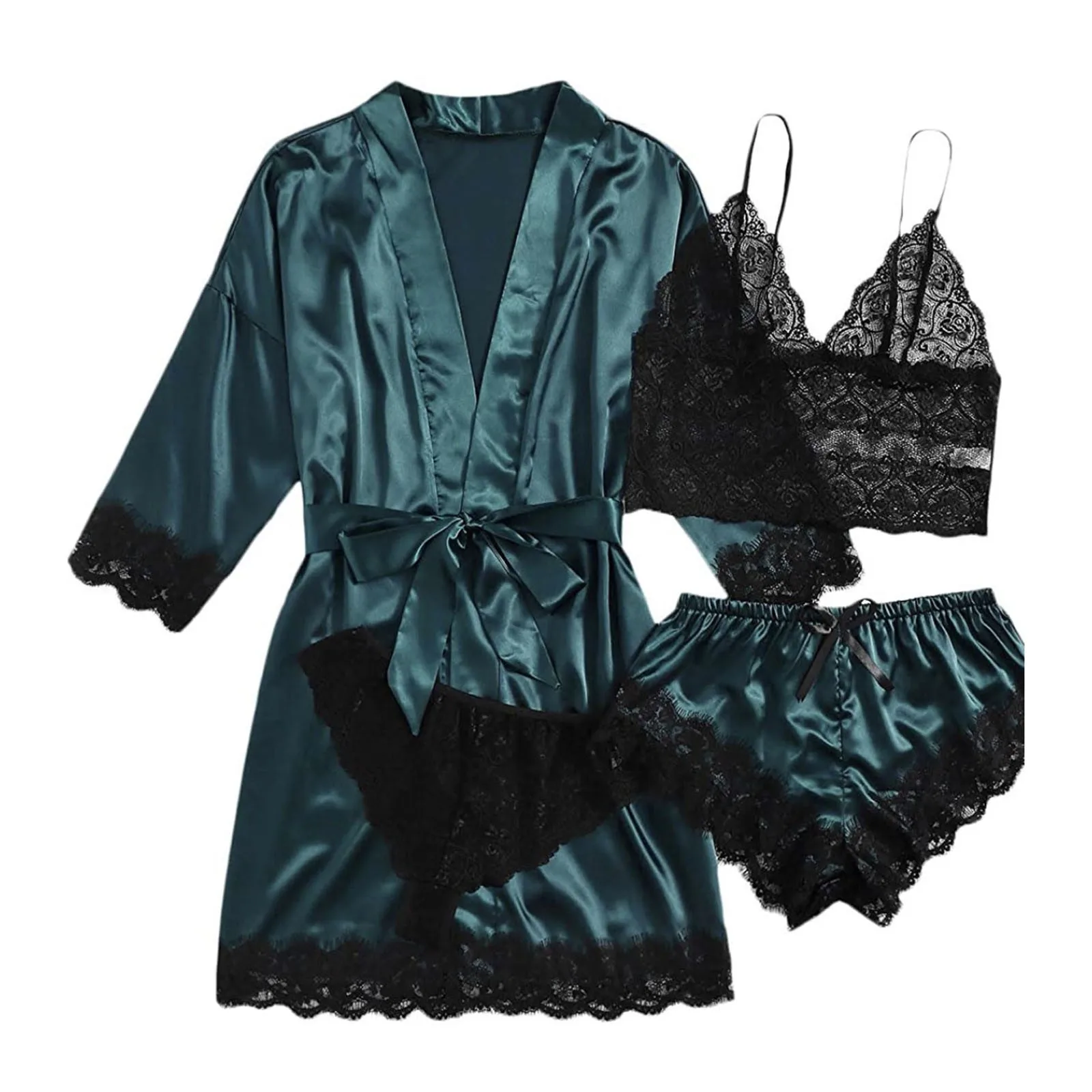 Women\' Silk Satin Pajamas Set 4pcs Lingerie Floral Lace Sleepwear With Robe Nightgown Long