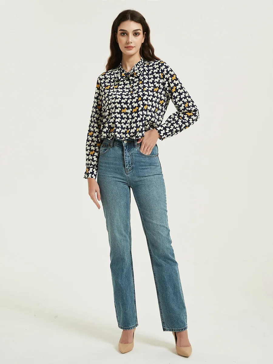 Woman Printed Shirts 100%Mulberry Silk Crepe De Chine Bow Collar Casual Blouses 2023 Spring Summer Top Navy