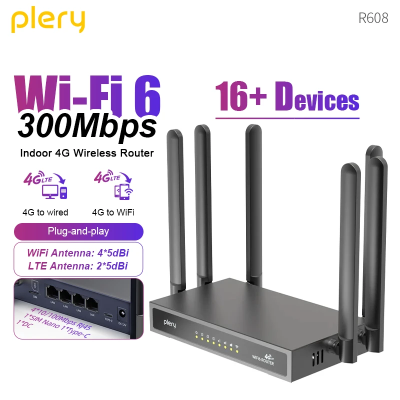 

Plery WiFi6 4G LTE SIM WiFi-маршрутизатор Repetidor со слотом для SIM-карты 300 Мбит/с антенный усилитель сигнала мобильный беспроводной маршрутизатор удлинитель