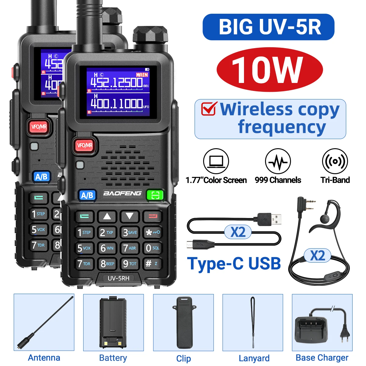 2PCS UV-5RH 10W Air Band Walkie Talkie Draadloze Kopieerfrequentie 999CH Type-C NOAA Lange afstand NOAA VOOR Baofeng UV-5R K5 Ham Radio