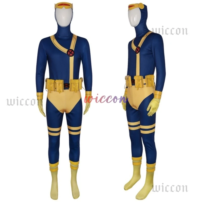 97 Cyclops Cosplay Costume Blue Jumpsuit Yellow Shoes Set Scott Summers Movie Costume Male Halloween Carnival Outfit Custom Made