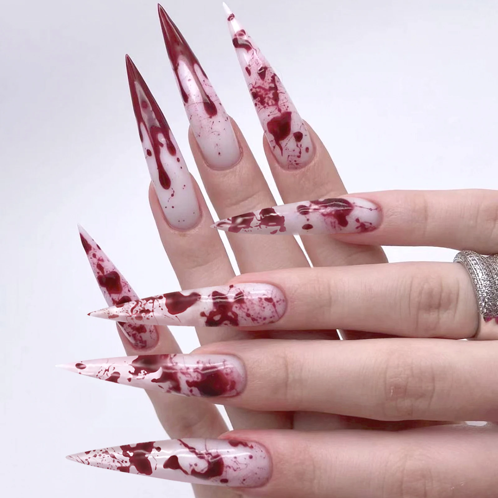 Halloween Long Pointed Head Fake Nails Chip-Proof Smudge-Proof Fake Nails for Hot Girl Dress Matching