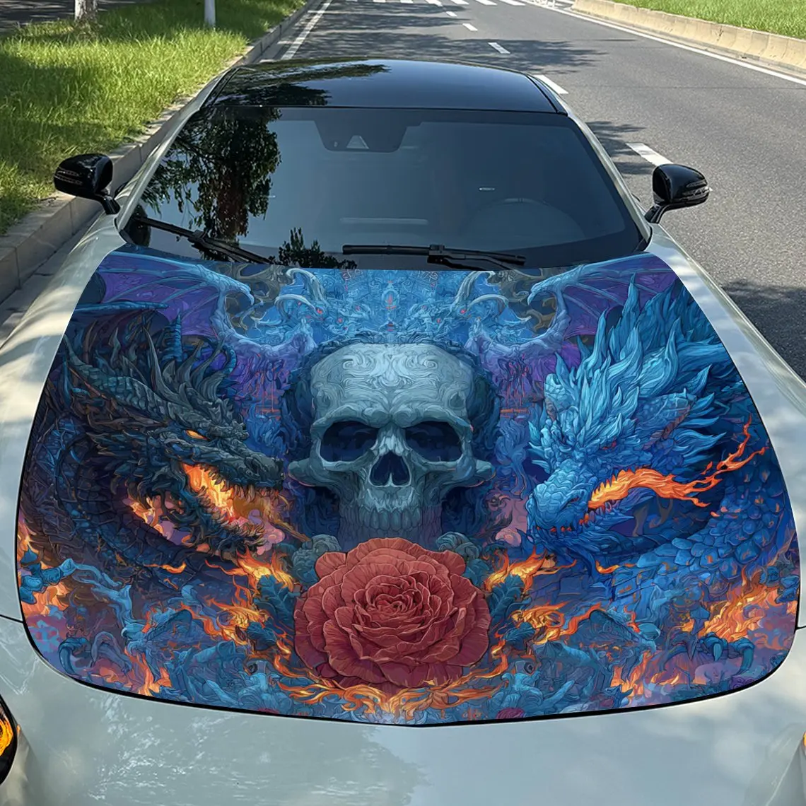Skeleton And Evil Dragon Hood Decoration - Self-Adhesive Car, Motorcycle, Truck Hood Stickers - Easy Application & Removal, No R