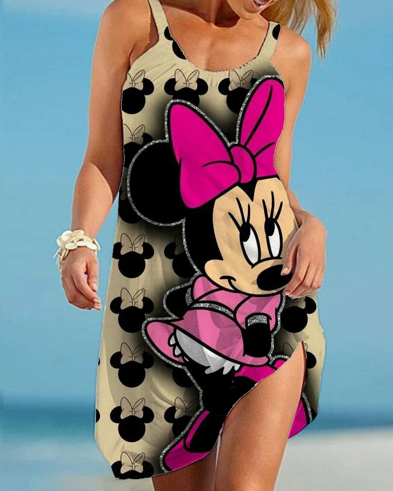 Elegant Dresses for Women Sexy 2023 Minnie Mouse Women\'s Dress Sling Summer Woman Beach Boho Disney Loose Print Mickey Fashion