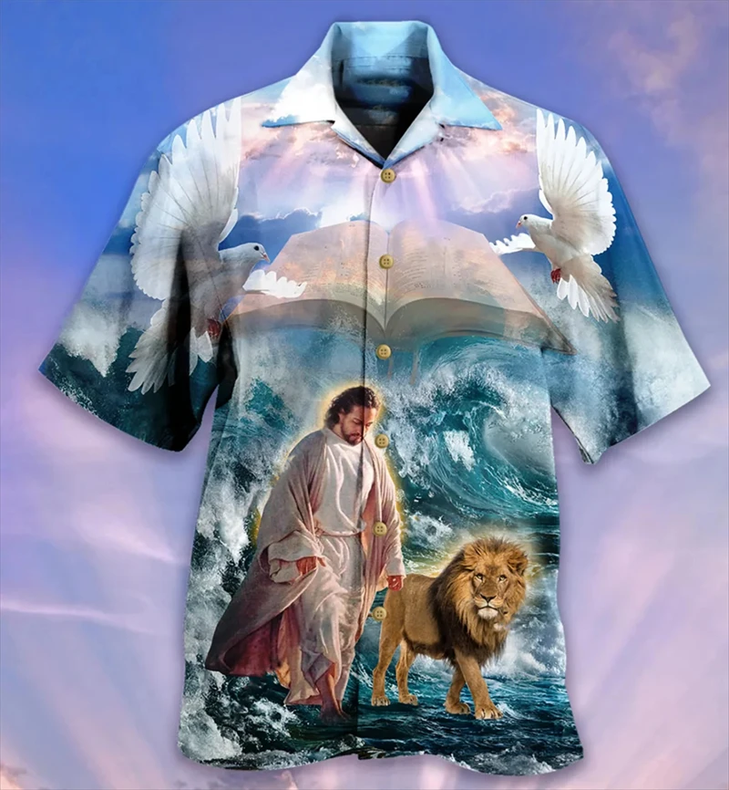 Newest Men\'s Shirts 3D Jesus Print Clothes Fashion Button Short Sleeve Lapel Streetwear Shirt For Men Hawaiian Blouse Tshirt