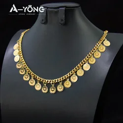 Arabic Coins Necklace Pendant 21k Gold Plated Kurdish Fashion Double Layer Chokers Turkish Women Wedding Ramadan Jewelry