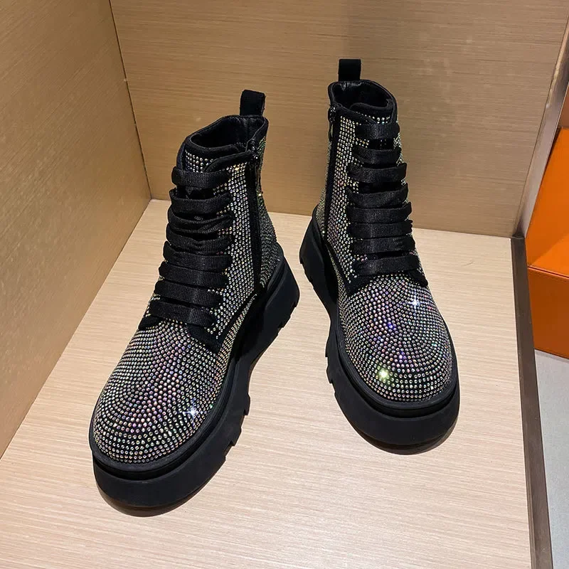 New Fashion Bling Crystal Chunky Ankle Boots for Women Luxury Rhinestones Winter Shoes Woman Thick Bottom Platform 2022 Spring