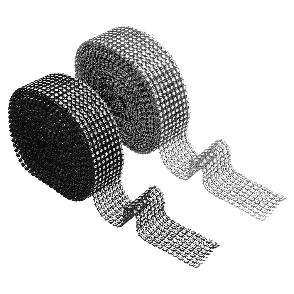 

2 Rolls 8 Rows Faux Rhinestone Mesh Silver Black Self-Adhesive Strips for DIY Bling Wedding Cake Decor 9mx4cm Gems for Crafting