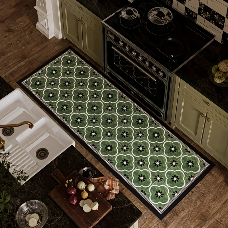 VIKAMA Premium Moderner Teppich mit Blumenmuster, grüner Küchenteppich, Fußmatte, rutschfeste Badezimmermatte, Teppich für Wohnzimmer, Heimdekoration