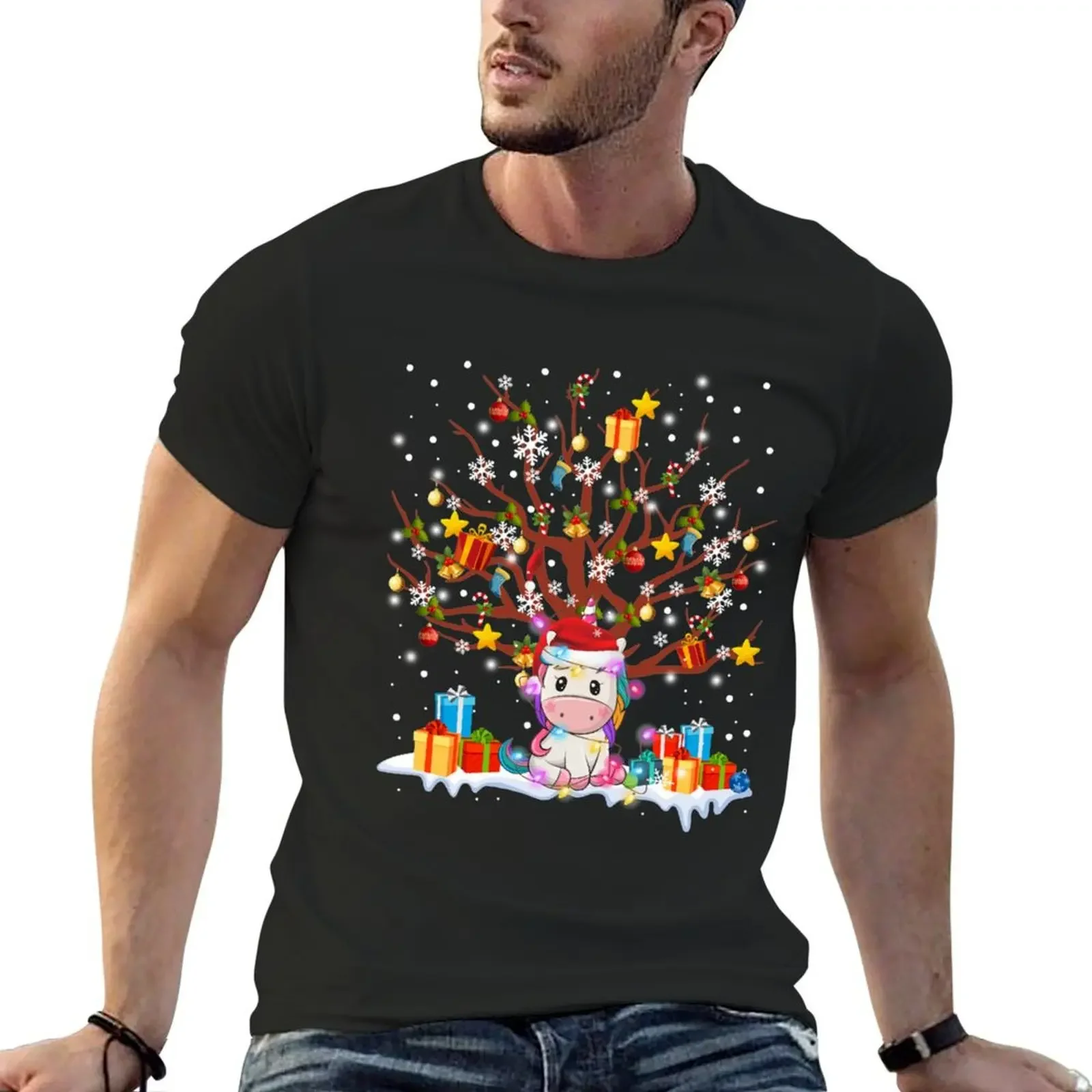 

Unicorn Christmas Tree Lights T-Shirt man clothes graphic t shirt vintage Aesthetic clothing cute tops funny t shirts for men