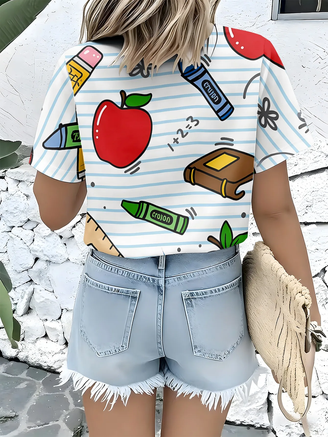 Damen-Hemd mit Kragen, kurzärmelig, zum Knöpfen, durchgehendes Apfel-Print-Muster, maschinenwaschbar, lässig, für Büro, Frühling, Sommer, Oberteil – Detail 4