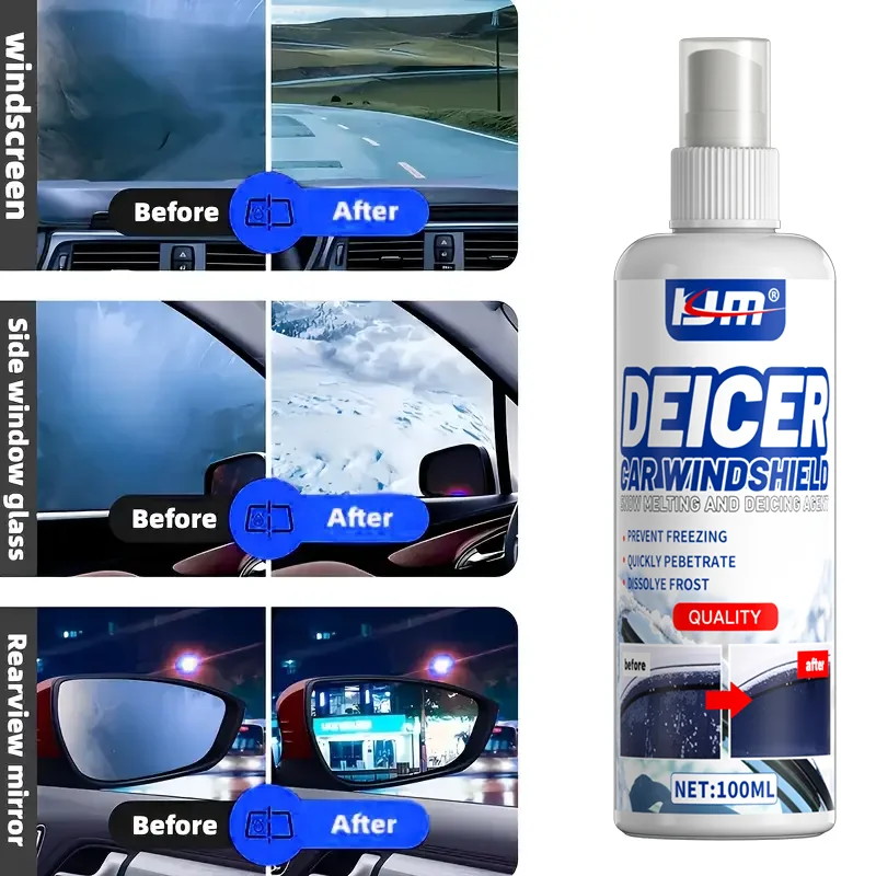 مزيل ثلج الزجاج الأمامي للسيارة الجديد من KJM - إزالة الجليد الفعالة، آمن للزجاج، رذاذ ذوبان الثلج والثلج السريع، ضروري للقيادة في الشتاء