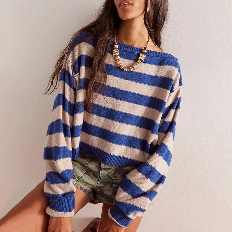 Retro Striped Print Knitwear Women\'s Sweater Fall Crew Neck Loose Knitted Top Pullover Winter Long Sleeve Jumper Female Clothing