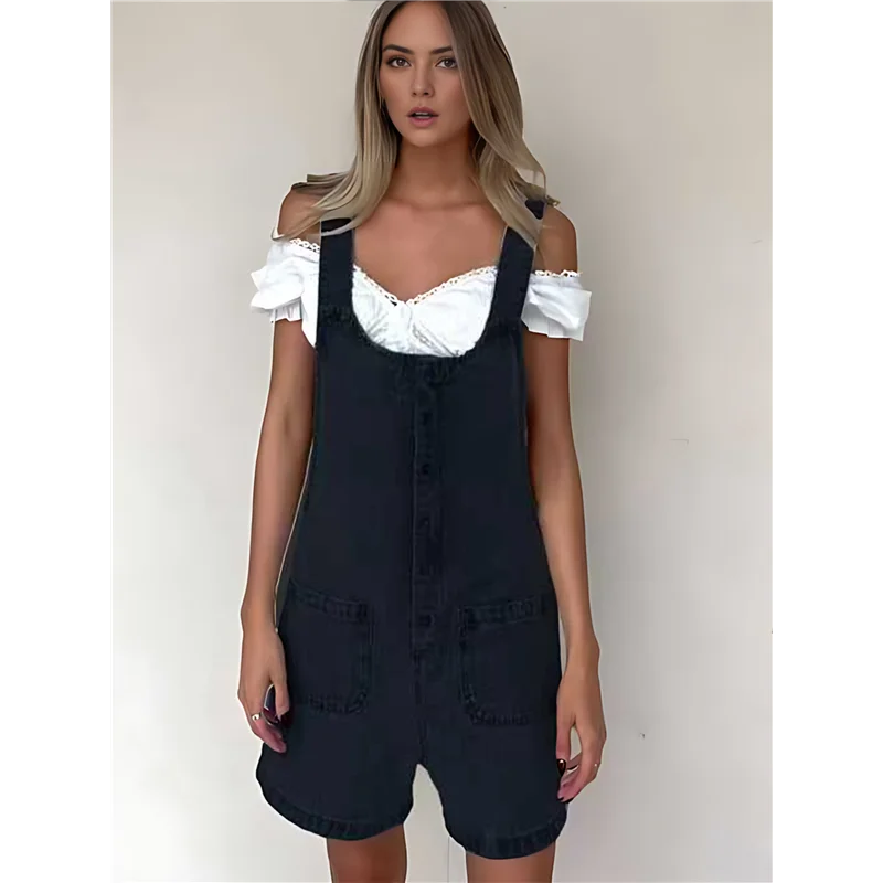 

CGS-Women's Casual Denim Overalls Shorts Sleeveless Button Front Baggy Wide Leg Jeans Overall Jumpsuits With Pocket