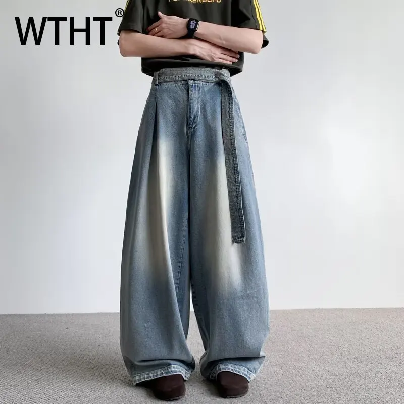 

WTHT Fashion Men's Gradient Do Old Bandage Loose Denim Pants Vintage 2026 Summer American Style Casual Jeans Male 2A2922