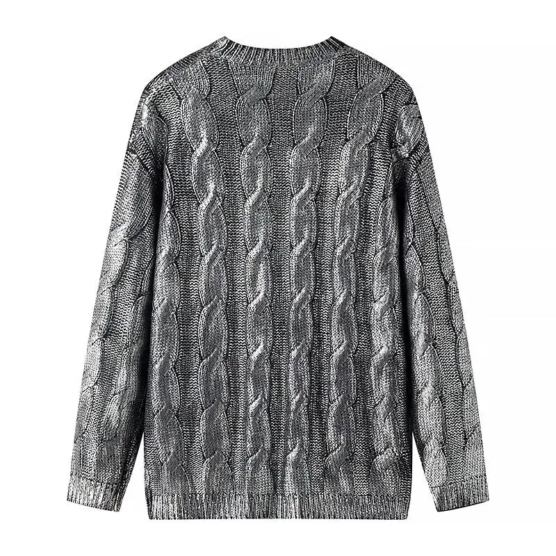 2024 Silvery Foil Sweater Women Metallic Knitted Sweaters for Women Pullovers Top Cable Sweater Woman Jerseys