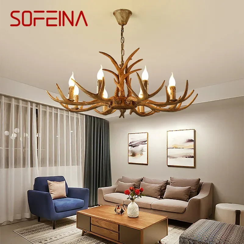 SOFEINA American Deer Antler Chandelier LED Retro Creative Living Room Restaurant Bedroom Cafe Bar Clothing Store Pendant light