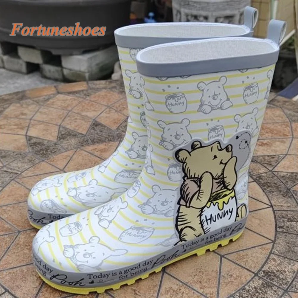 2025 novas chegadas primavera/outono moda casual plana com botas animação dos desenhos animados botas de chuva deslizamento no dedo do pé redondo botas femininas doces