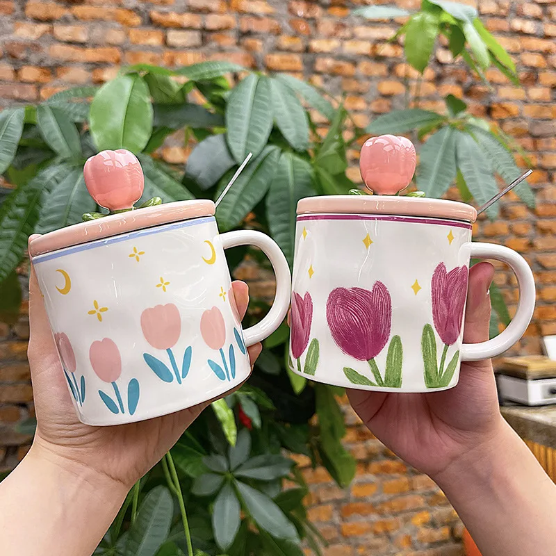 350ml Cute Tulip Water Cup Girl Heart Student Gift Ceramic Cups with Lid Spoon Office Mug High Appearanc Level To Go Coffee Cup