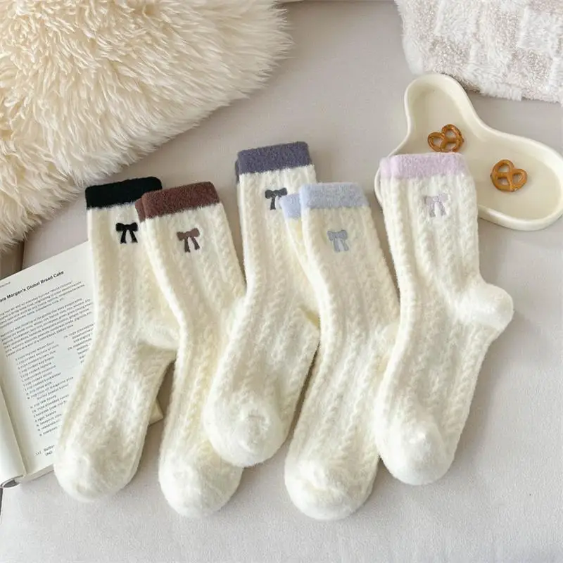 

1/5 пар милых носков с бантом, осенне-зимние утолщенные теплые носки, женские универсальные простые носки до середины икры, домашние носки для сна для девочек, подарок