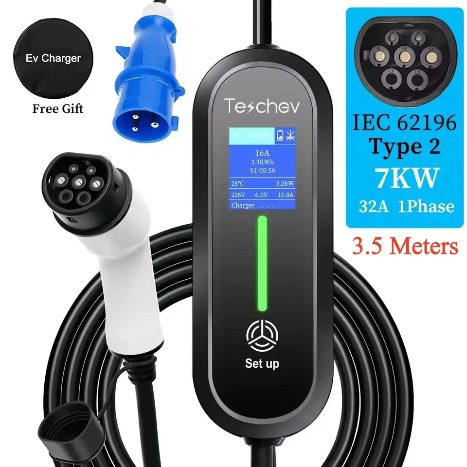 Teschev EV-lader Type 2 Type 1 Laadbox voor elektrische auto's, instelbaar 8A 10A 13A 16A, elektrische autolaadkabel Modus 2