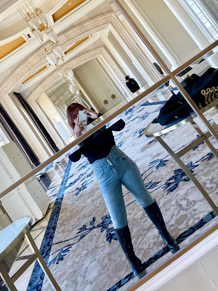 

Женские джинсы больших размеров с высокой талией, универсальные длинные брюки с эффектом похудения, большие женские брюки в Корейском стиле