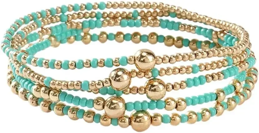 Bohemia Multilayer Beaded Bracelet Set, Turquoise Resin Colorful Surfer Heishi Style Elastic Spring