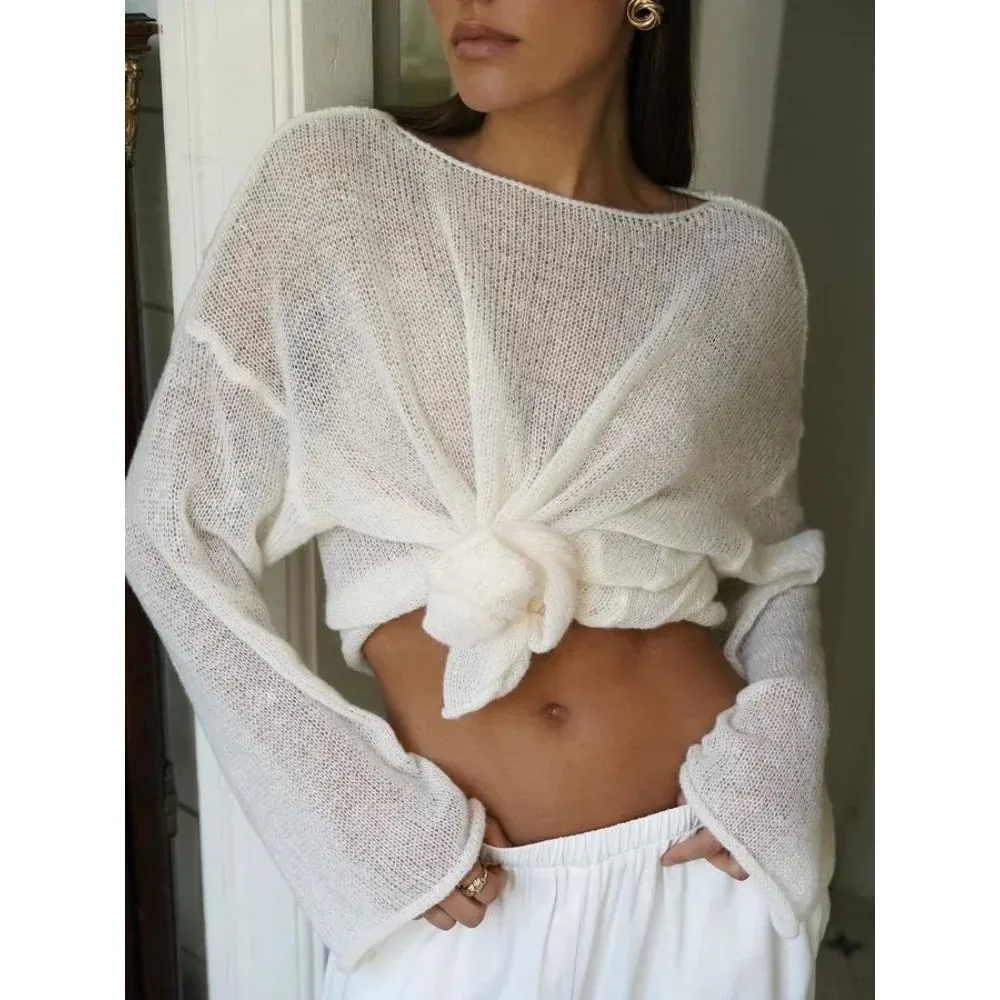 

Ele Knitted Hollow out Long Ne Pullovers for Women Loose Fit Autumn Season Other Material 00% Ladies Faion Sweaters