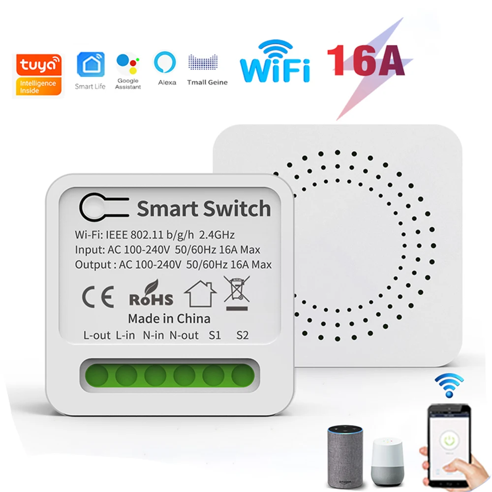 Tuya 16A WiFi Smart Switch Module 2-way Control Mini Switch Breaker Smart Life Work With Alexa Google Alice