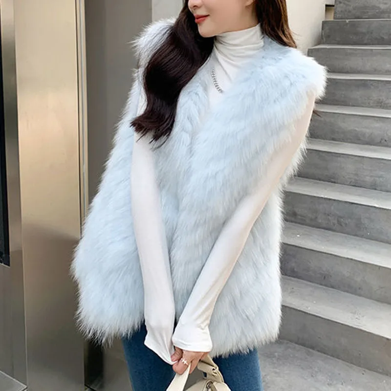 Autumn Winter Fur Vest Women Thicken Warm Plush Sleeveless Jackets Female Mid Long Waistcoat Woman clothing outwear