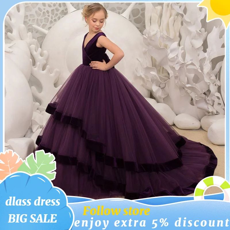 Vestido florido longo clássico para meninas, elegante em camadas, sem mangas, decote em v profundo, bonito com laço, concurso de aniversário, vestidos de baile 2024