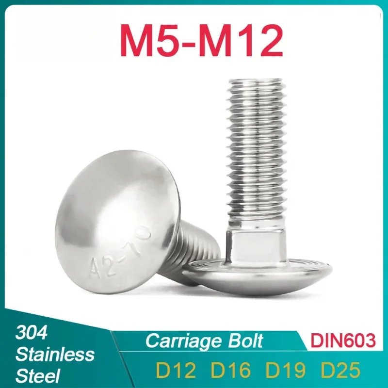 M4 M5 M6 M8 M10 M12 304 Stainless Steel Carriage Bolt Round Head Square Neck Screw Length 10- 100mm DIN603