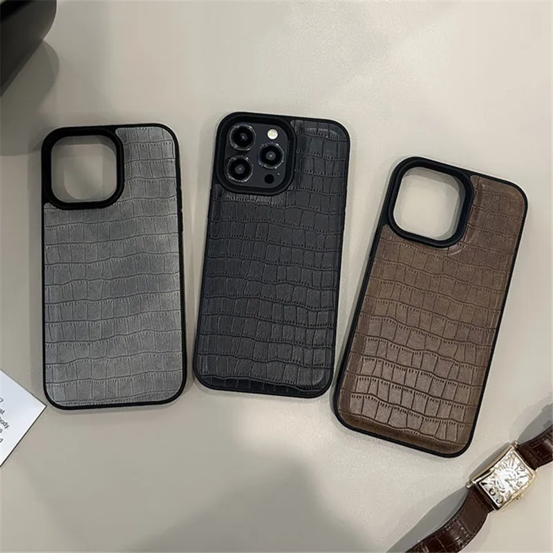 Ottwn Fashion  Glossy 3D Crocodile Pattern Leather Phone Case for Iphone15 14 13 12 11 Pro Max Shockproof Soft Back Bumper Cover