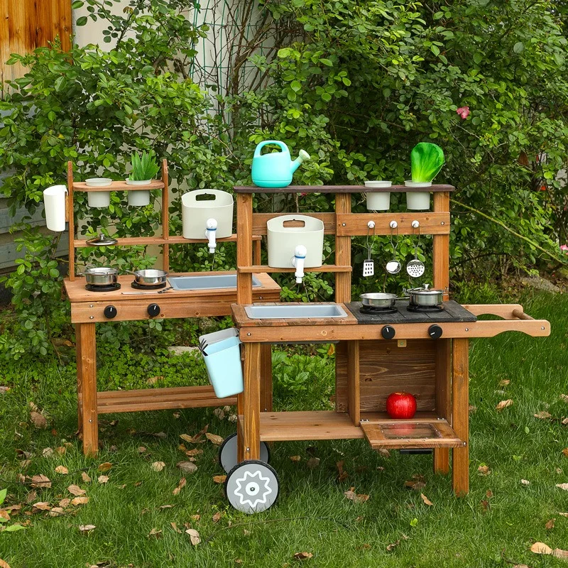 Playing house wooden simulation outdoor kitchen kitchenware ornament flower rack, role simulation toy baby