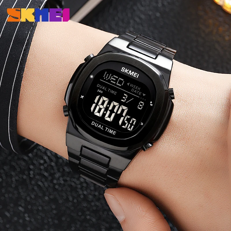 SKMEI Electronic Watch Stainless Steel Fashion Men\'s Watches Countdown Stopwatch Led Light Sport Digital Wristwatch Original