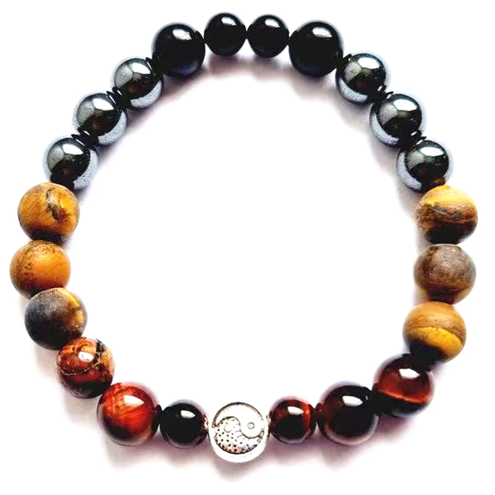 MG2085 8 MM Red Tiger Eye Hematite black Tourmaline Bracelet Womens Yinyang Charm New Design Energy Protection Wrist Mala