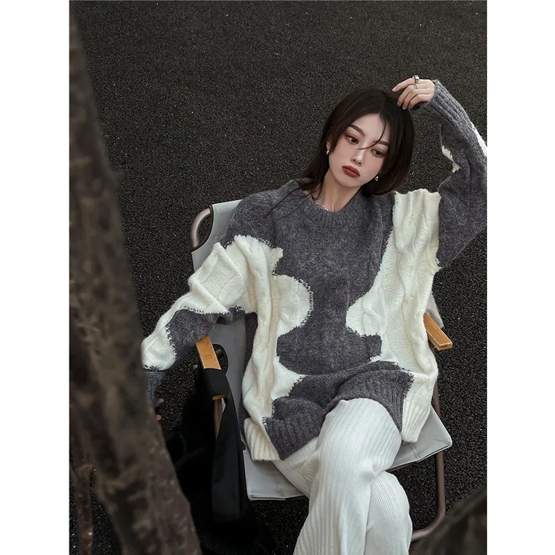 2022 New Arrival Autumn/winter Korean Style Women Loose Casual Long Sleeve O-neck Pullover Patchwork Print Knitted Sweater V893