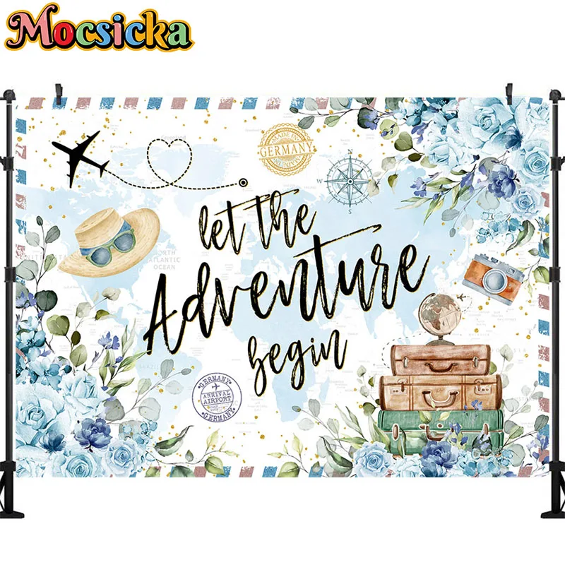 Petualangan menunggu latar belakang dunia perjalanan pesawat udara panas balon Baby Shower latar belakang bayi baru lahir pesta spanduk dekorasi
