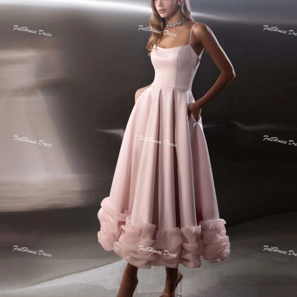 

Элегантное вечернее платье трапециевидной формы на бретельках из органзы с оборками, длиной до чая, платье для выпускного вечера со шнуровкой сзади и карманами