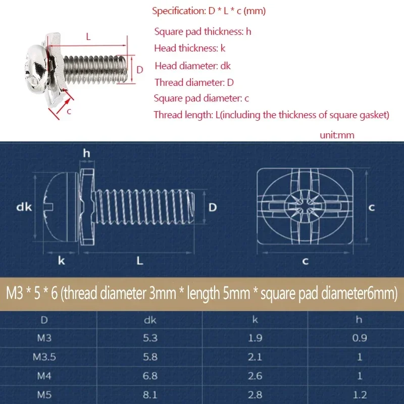 M3 M3.5 M4 M5 Nickel Plated Cross Round Head Square Combination Screws Cross Pan Head With Square Washer Flat Head Bolt
