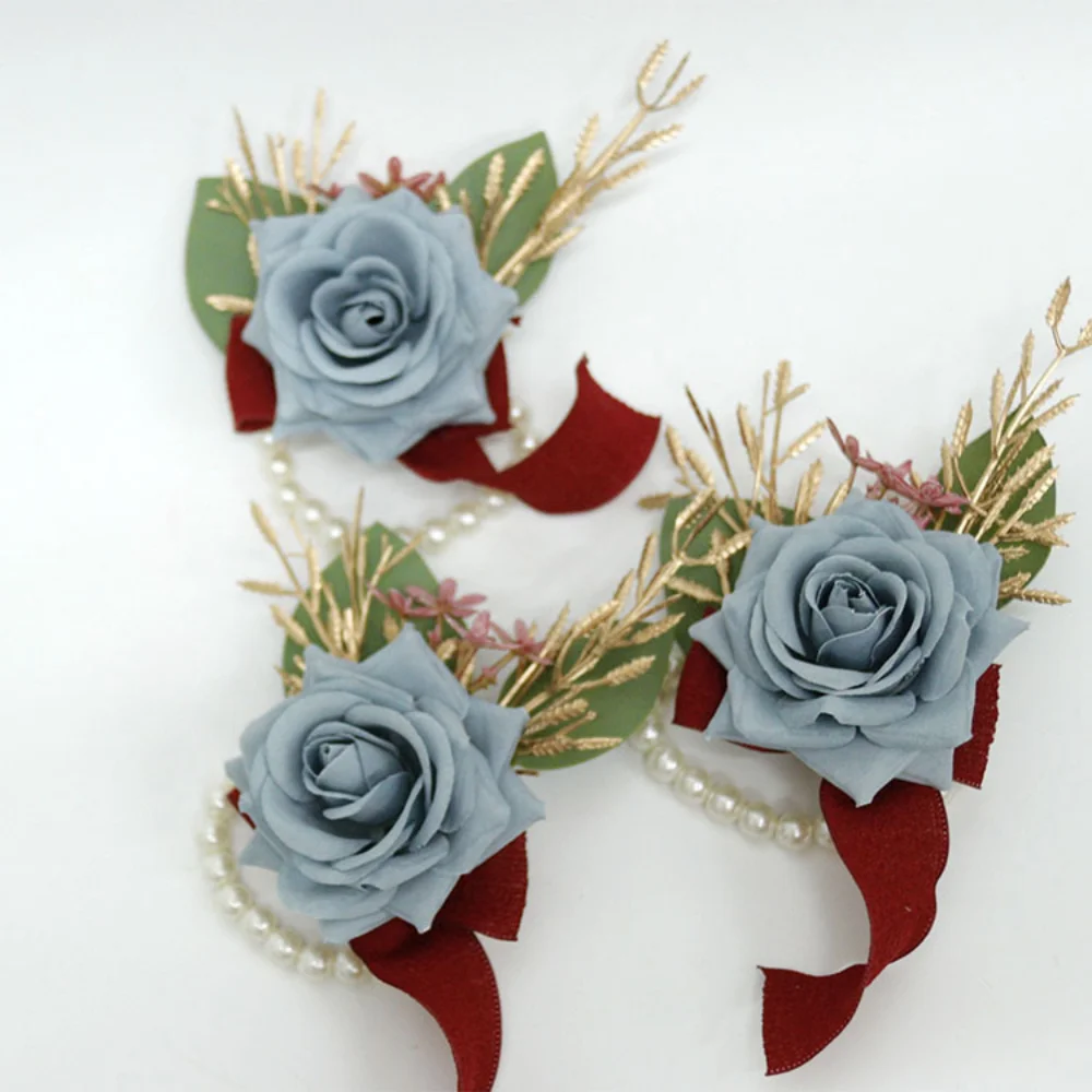 Dusty Blue Boutonniere for Wedding Bride Handmade Silk Rose Lace corpetto bracciale da polso damigelle d'onore sposo accessori per il matrimonio