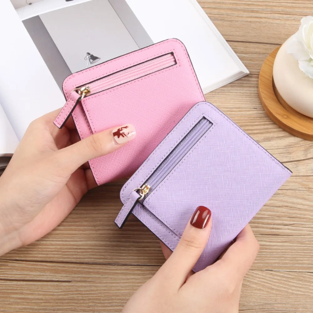 

Fashion PU Leather Short Wallet Zipper Solid Color Coin Pocket Ultrathin Card Holder Women