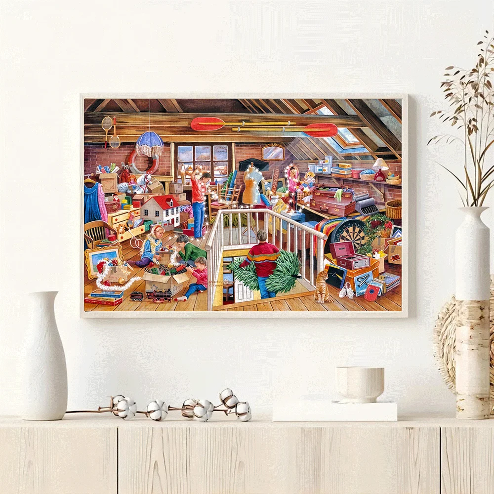1000 pièces Puzzle pour adultes-scène de grenier organisée avec des couleurs vives, projet de bricolage de décoration de maison familiale, jeu de casse-tête